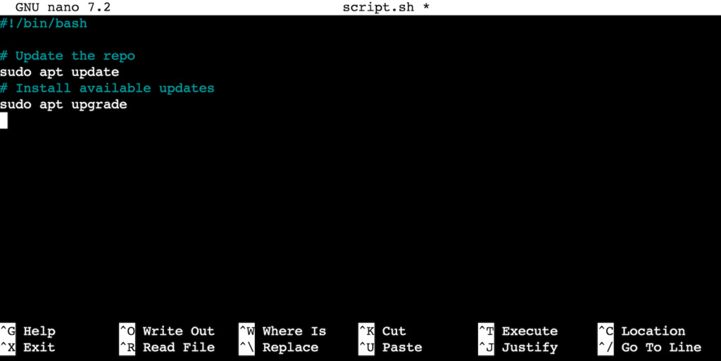 El contenido de un script de shell en la terminal