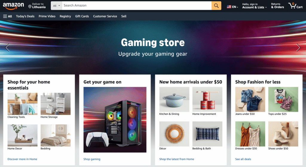 Página de inicio de Amazon y ejemplo de una web dinámica