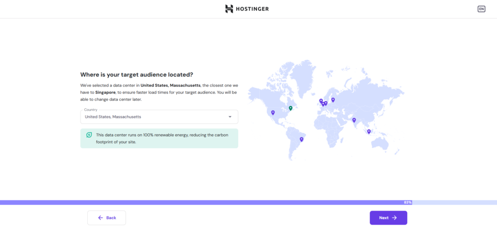 La página de selección del centro de datos en el asistente de configuración inicial de Hostinger