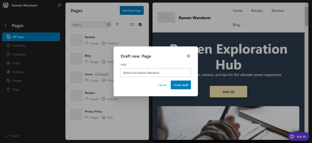 La ventana emergente para crear una página nueva en el Editor de webs de WordPress