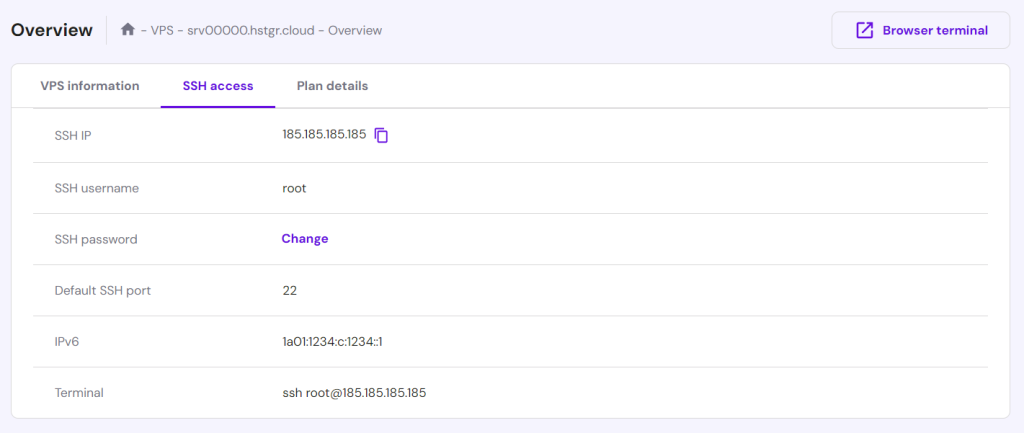 Resumen del VPS en hPanel de Hostinger, que muestra los detalles de acceso SSH