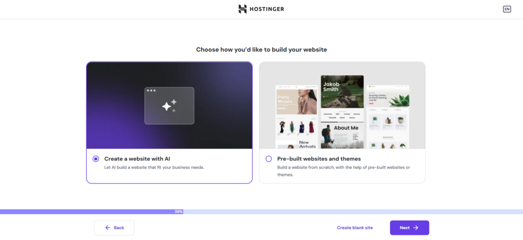 Tipo de selección para crear una web en el asistente de incorporación de Hostinger