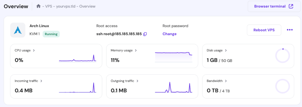 Información del sistema operativo en el menú de resumen del VPS en hPanel
