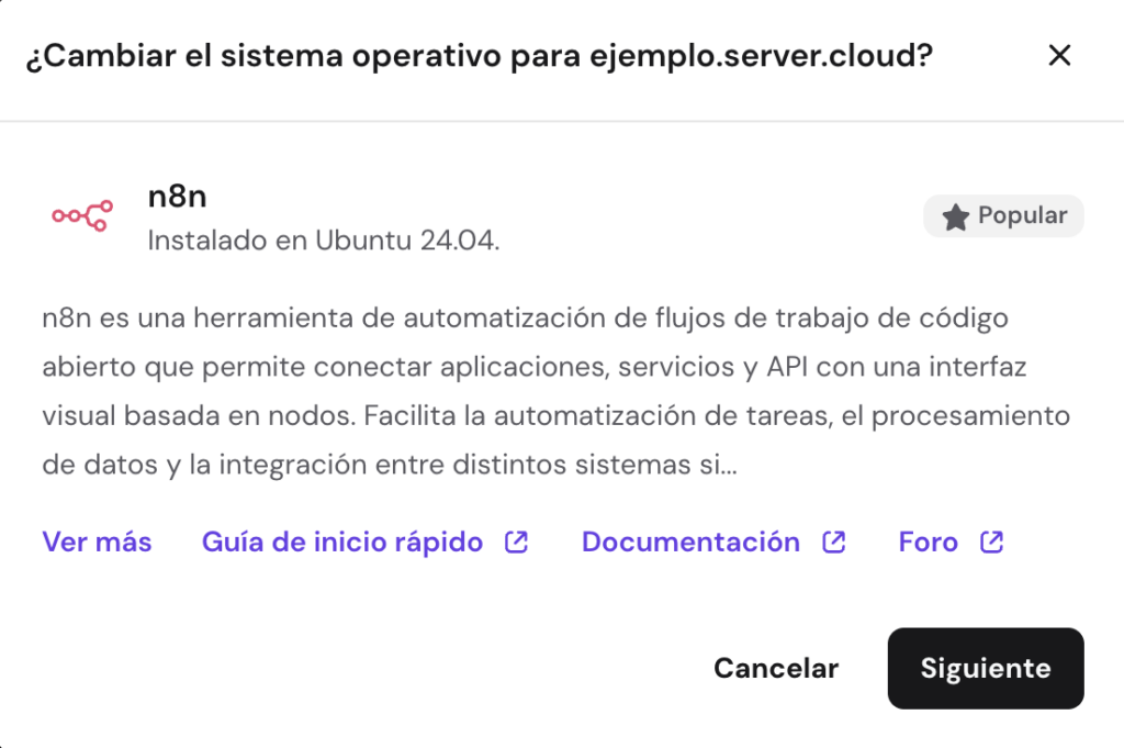 Selección de la plantilla de n8n con el sistema operativo Ubuntu 24.04 en hPanel.