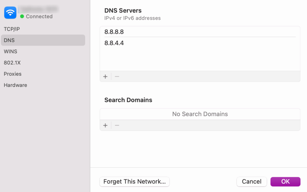 La pestaña DNS en macOS