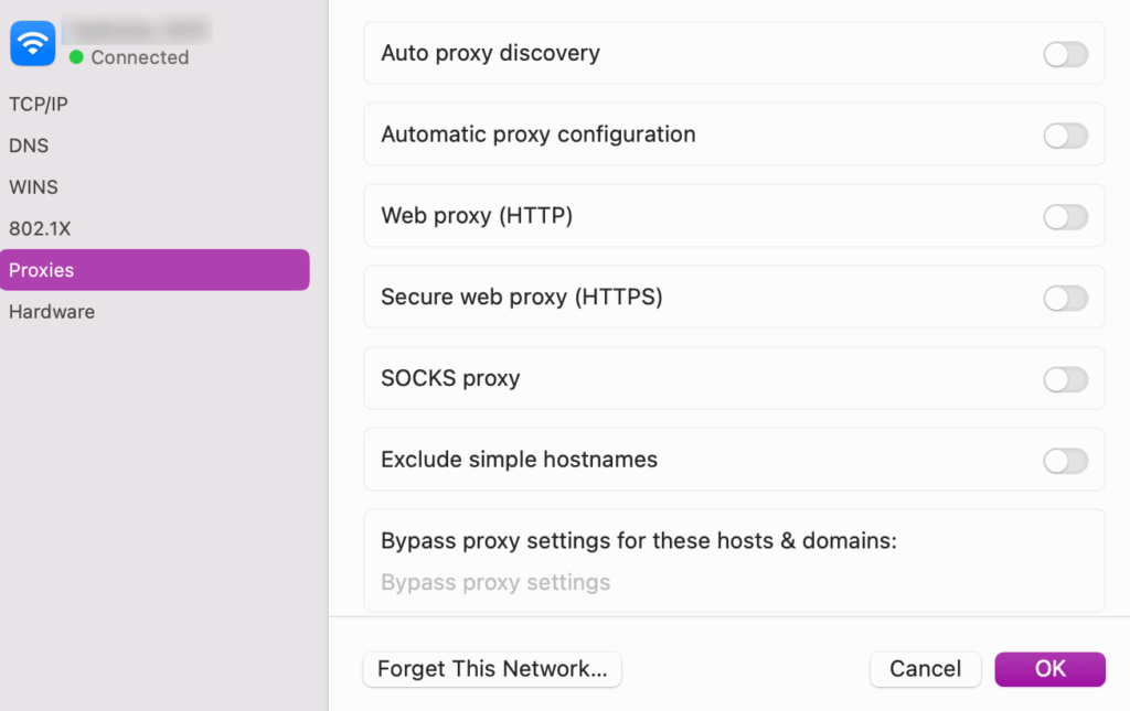 La pestaña Proxies en macOS