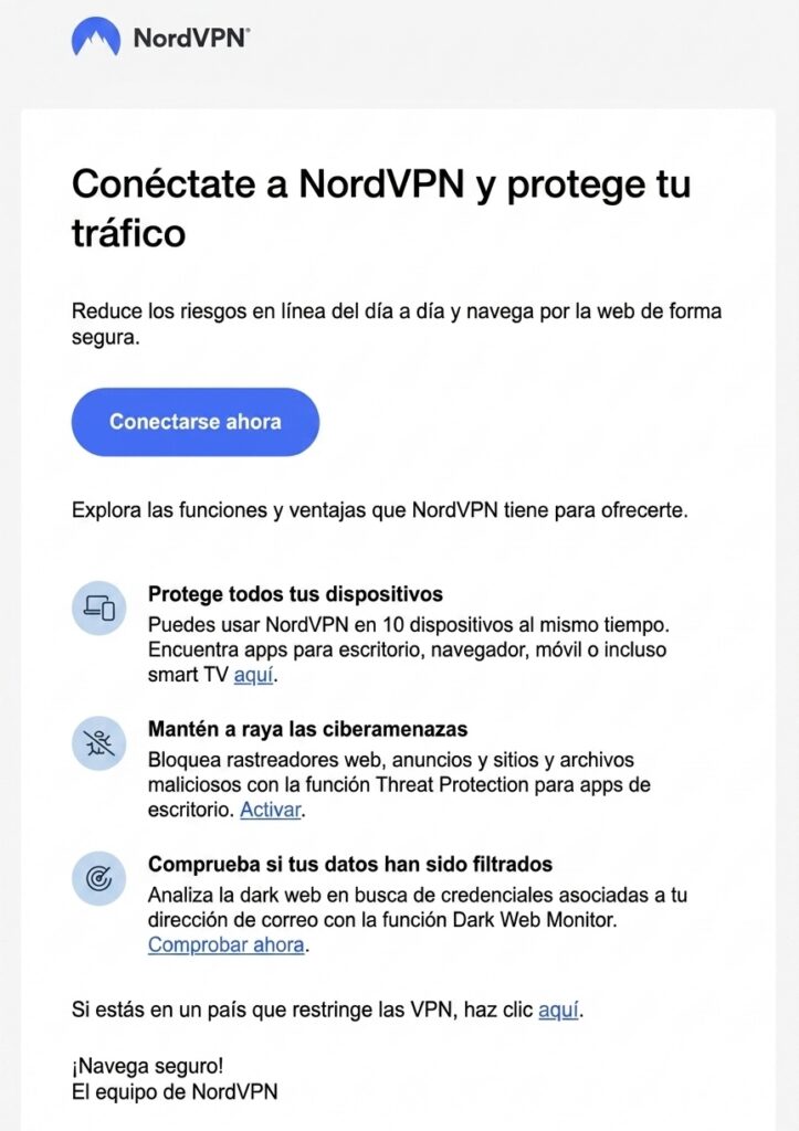 Automatización de email marketing: email de bienvenida de NordVPN