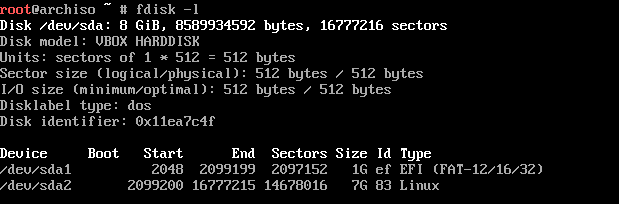 Nuevas particiones en la lista de discos de Arch Linux