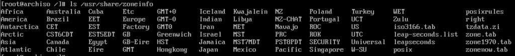 Opciones de zona horaria en Arch Linux