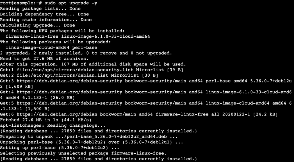 Una salida de terminal que muestra el proceso de actualizaci&oacute;n de paquetes de Debian