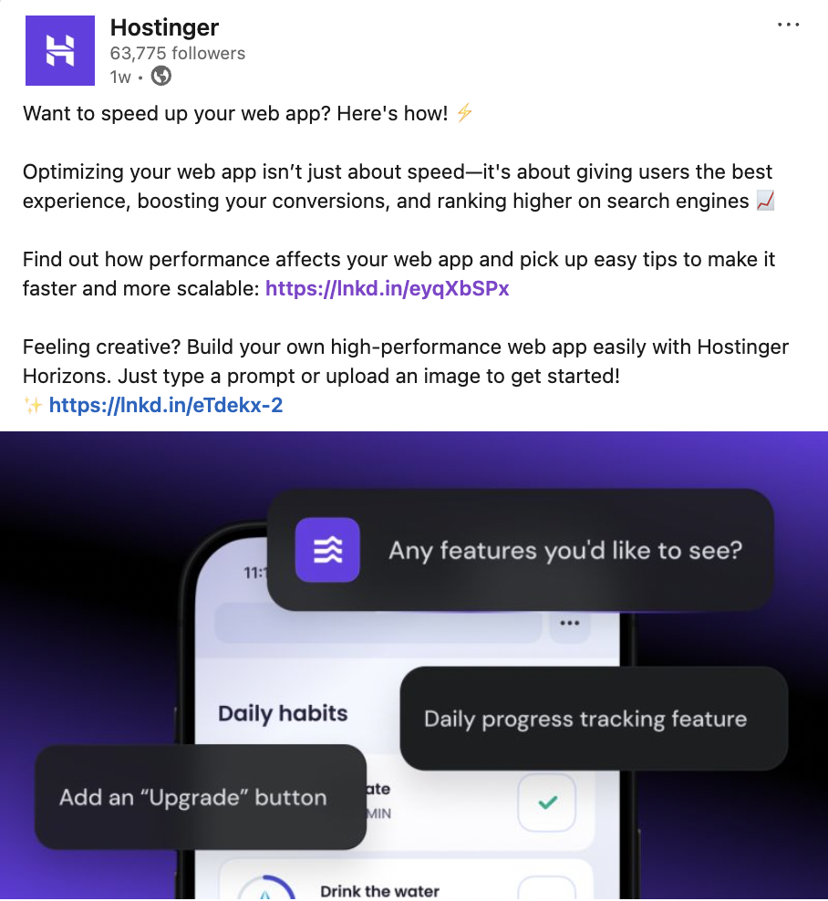 Una captura de pantalla de la publicación de Hostinger en LinkedIn que promociona un artículo de Hostinger Tutorials