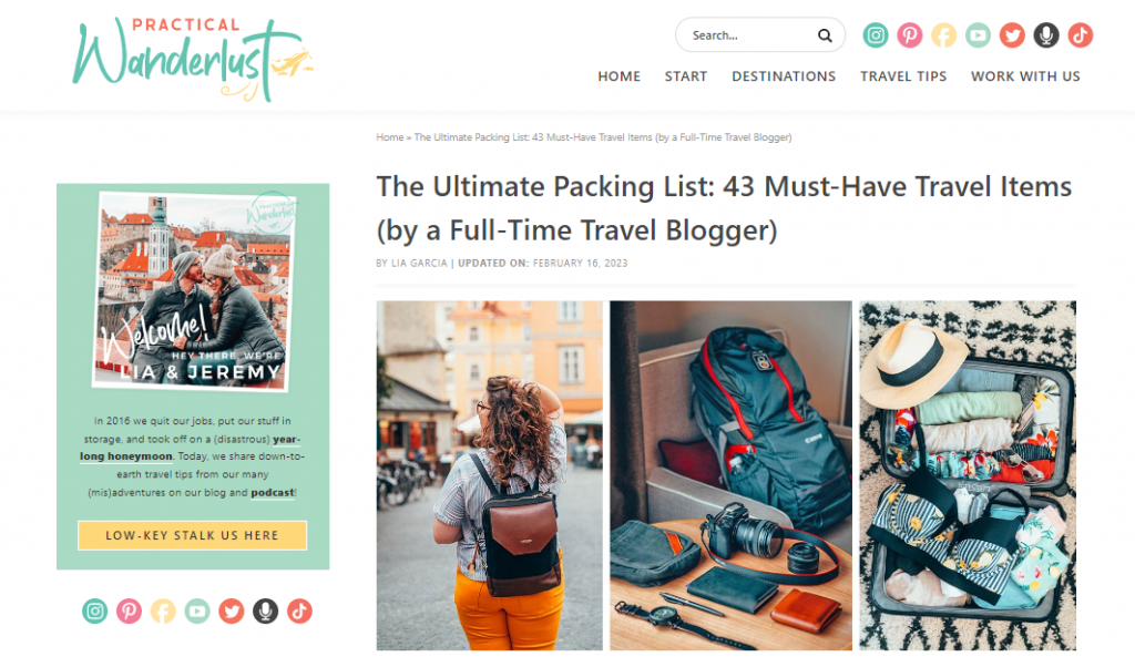 La gu&iacute;a definitiva para hacer la maleta: 43 art&iacute;culos de viaje imprescindibles (seg&uacute;n una bloguera de viajes a tiempo completo) art&iacute;culo en el sitio web de Practical Wanderlust