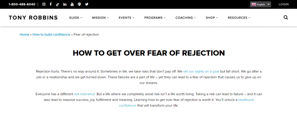 El art&iacute;culo &laquo;C&oacute;mo superar el miedo al rechazo&raquo; en el sitio web de Tony Robbins