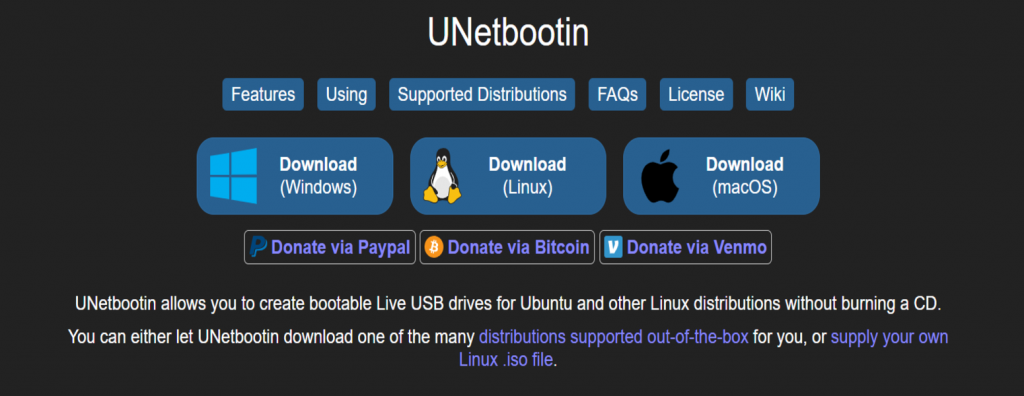Página de UNetbootin en GitHub
