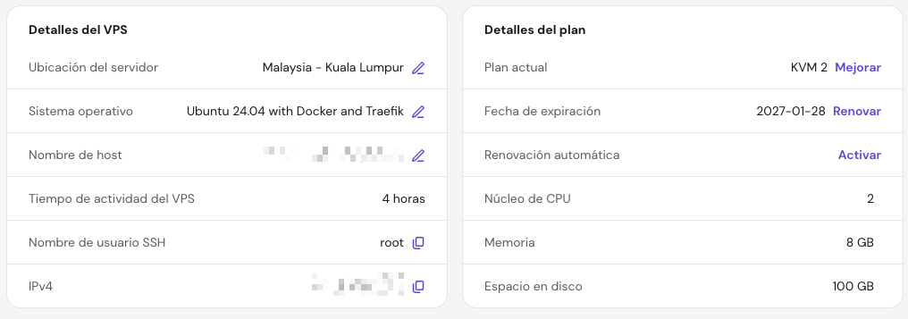 La secci&oacute;n de detalles del VPS en la p&aacute;gina de Descripci&oacute;n general del VPS de hPanel