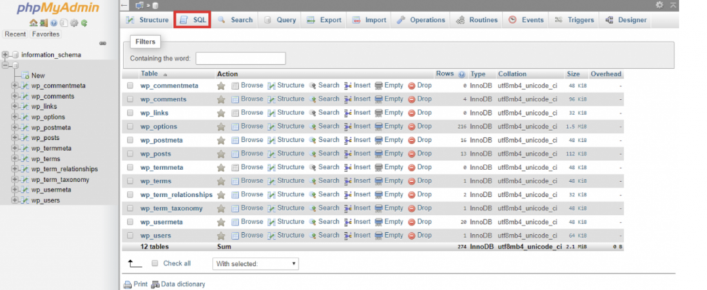 Ir a la página de phpMyAdmin, a la pestaña SQL de la barra de menú superior