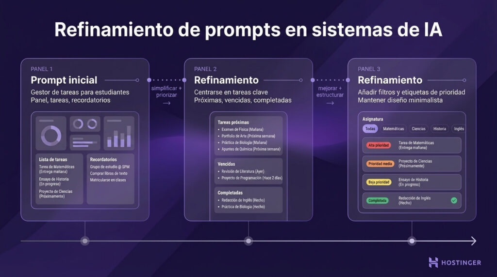 Diagrama que muestra tres paneles de refinamiento de prompts de IA: lista inicial de tareas generales, enfoque en las tareas priorizadas y tareas filtradas con etiquetas de prioridad.