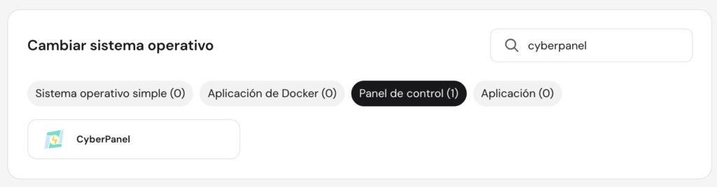 La plantilla de CyberPanel en la p&aacute;gina de Sistema Operativo VPS de hPanel
