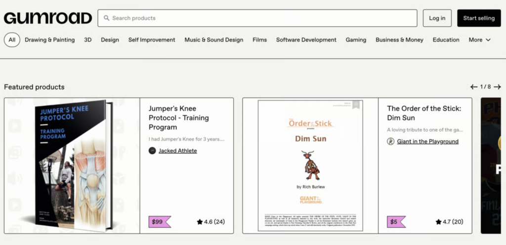 Página principal del marketplace de Gumroad con productos digitales