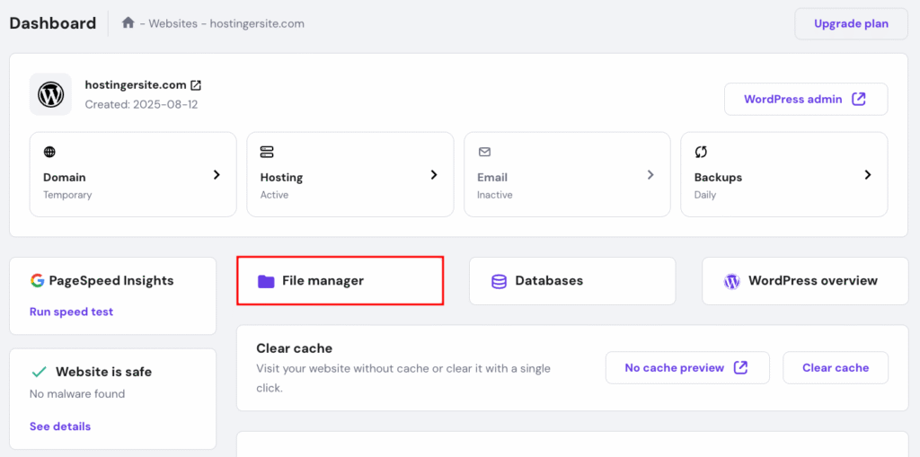Panel de control de hPanel, con el acceso al Administrador de archivos resaltado