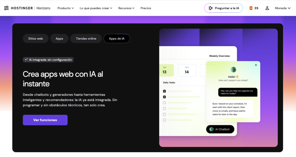 Interfaz de la plataforma de IA Hostinger Horizons que muestra la creación de una web de blog con temática de viajes y una descripción de un socio de IA todo en uno sobre un fondo oscuro.