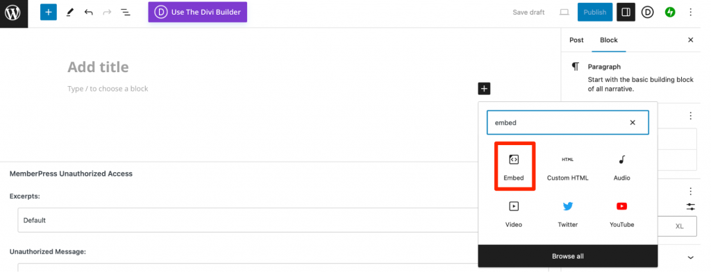 A&ntilde;adir el bloque Incrustar en el editor de bloques de WordPress.