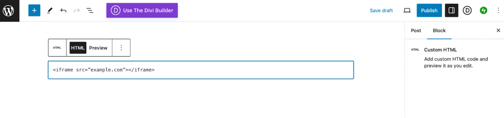 A&ntilde;adir las etiquetas HTML de iFrame a un bloque HTML personalizado en WordPress.
