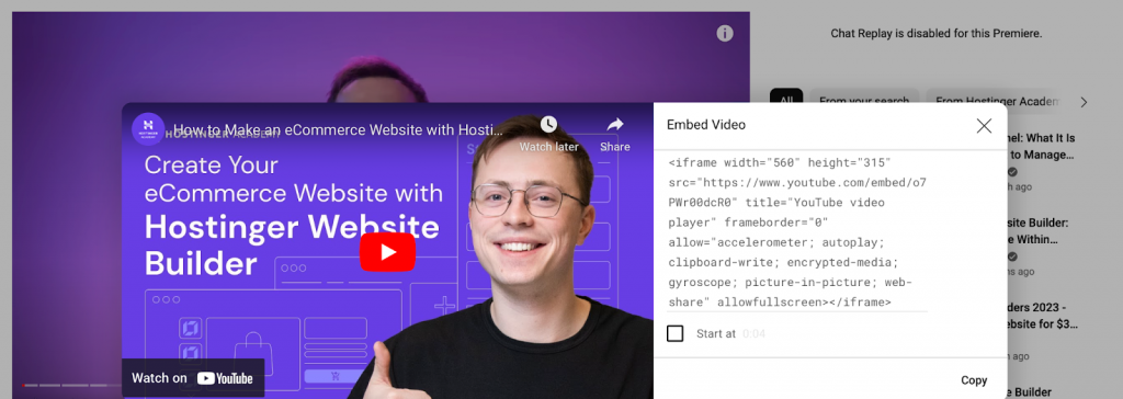 Un c&oacute;digo de inserci&oacute;n de YouTube con par&aacute;metros de iFrame.