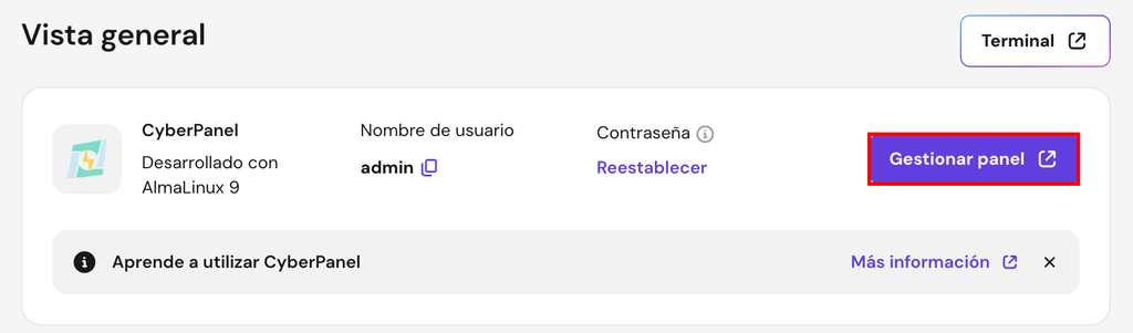 El bot&oacute;n Gestionar panel en hPanel