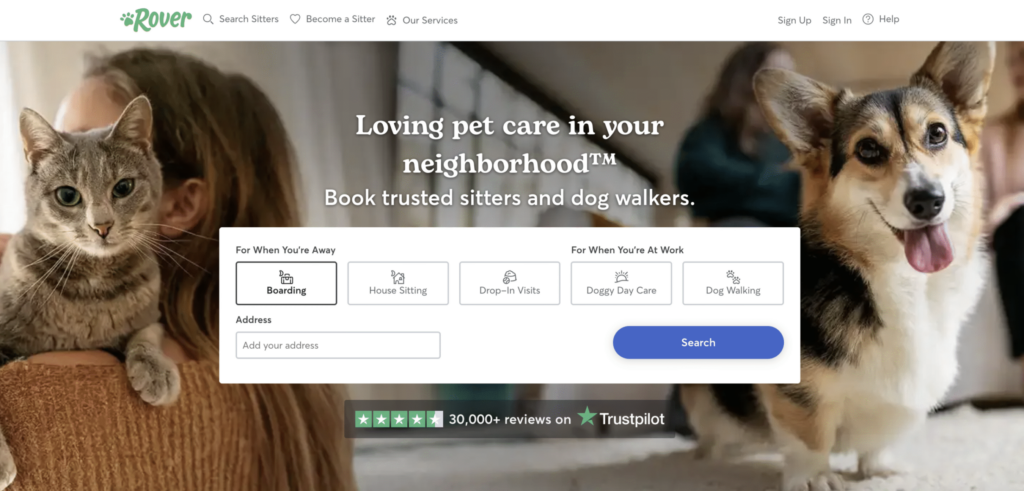 Página de inicio de Rover que promociona servicios locales de cuidado de mascotas