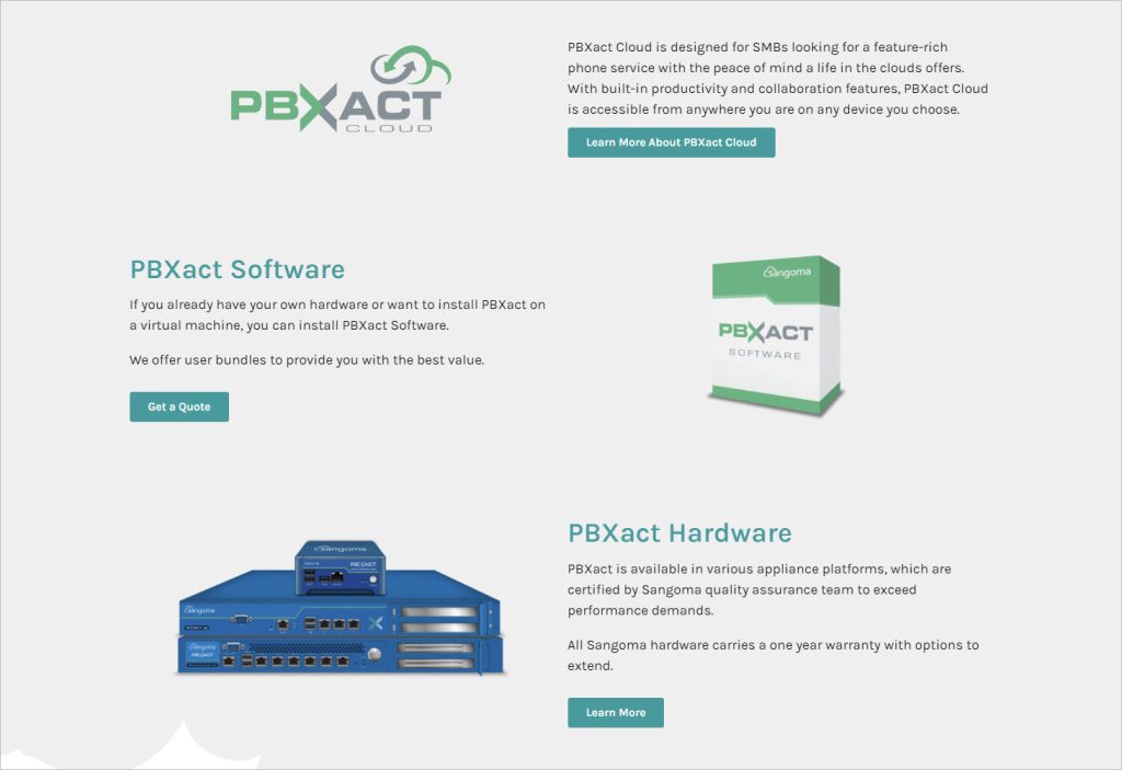 Una captura de pantalla de la web de FreePBX que ofrece una soluci&oacute;n comercial basada en la nube con paquetes de software y plataformas de hardware de Sangoma