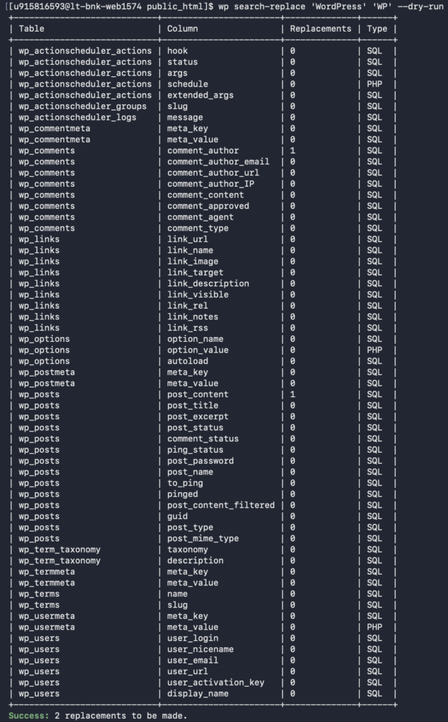 La tabla de resultados del comando wp search-replace --dry-run