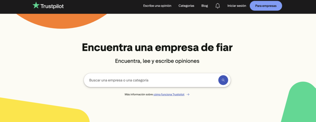 Página de inicio de la plataforma de reseñas de Trustpilot