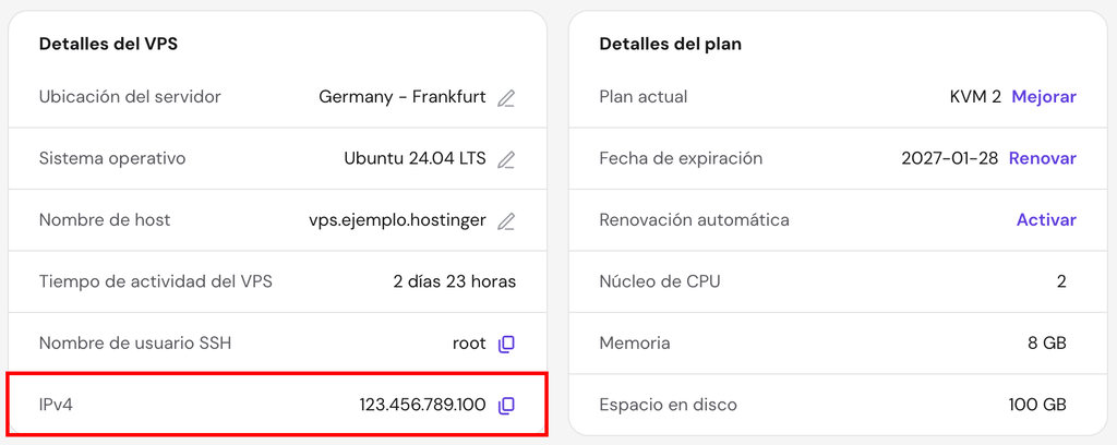 La informaci&oacute;n del nombre de usuario de SSH y de IPv4 en la p&aacute;gina de resumen del VPS de hPanel