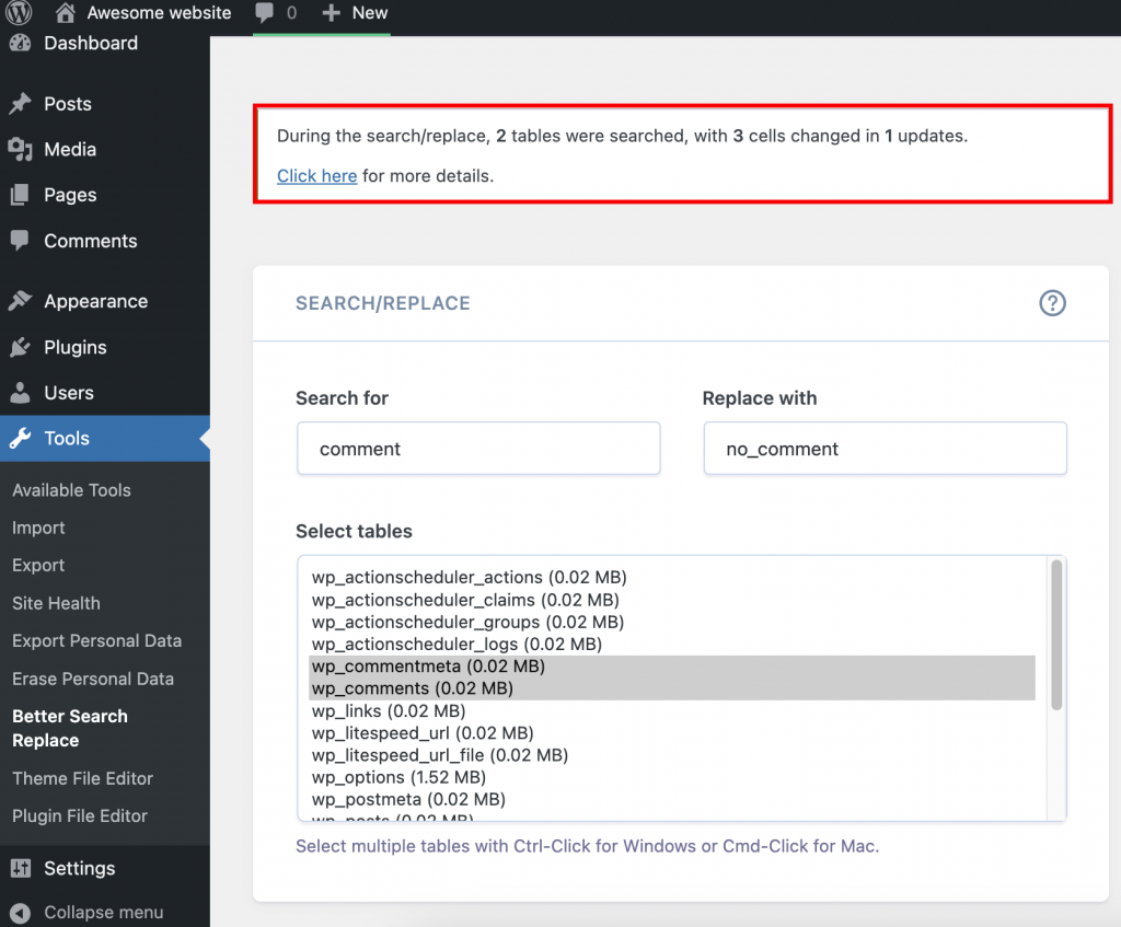 El mensaje de confirmación del plugin Better Search Replace que recibirás una vez que hayas ejecutado correctamente una búsqueda y reemplazo en la base de datos de WordPress.