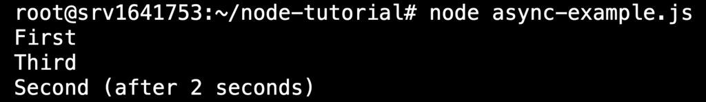 The terminal showing the node async-example.js command's output