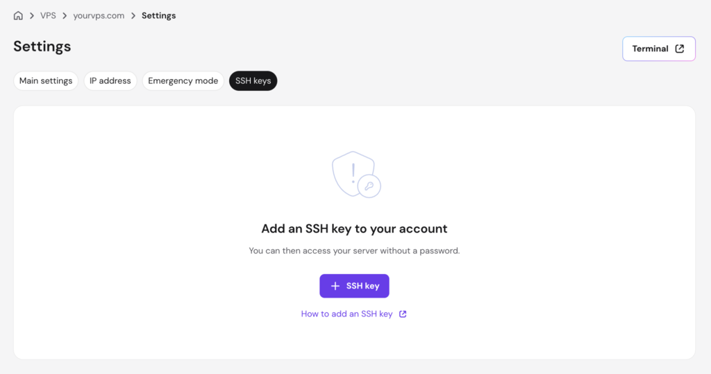 The SSH keys tab under VPS Settings in hPanel, showing the option to add an SSH key to the account.