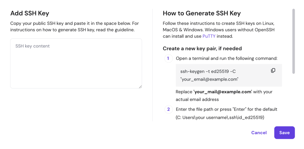 The Add SSH Key form in hPanel showing the SSH key content field where users paste their public key.