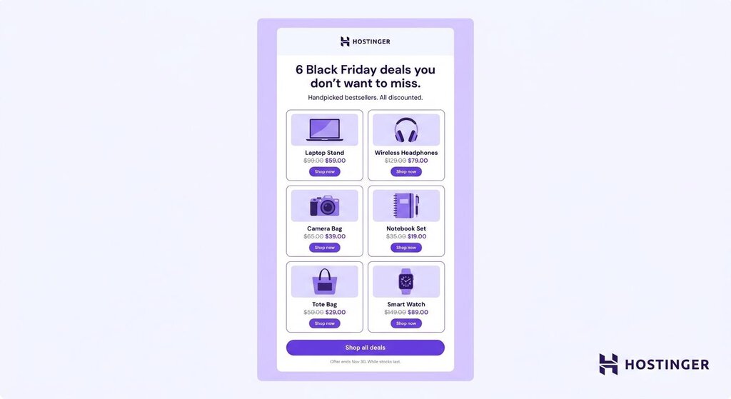 Email de Black Friday con una selección de productos