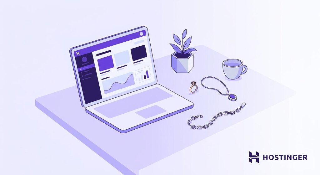 Espacio de trabajo minimalista con un portátil que muestra el panel de control de una tienda online y tres joyas colocadas ordenadamente sobre el escritorio.