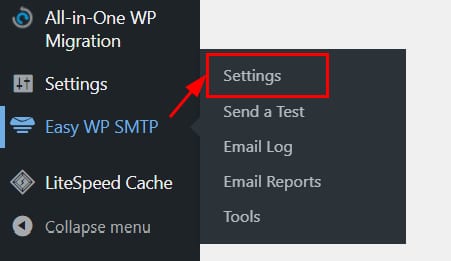 L'option Easy WP SMTP Plugin Settings sur le panneau d'administration de WordPress.