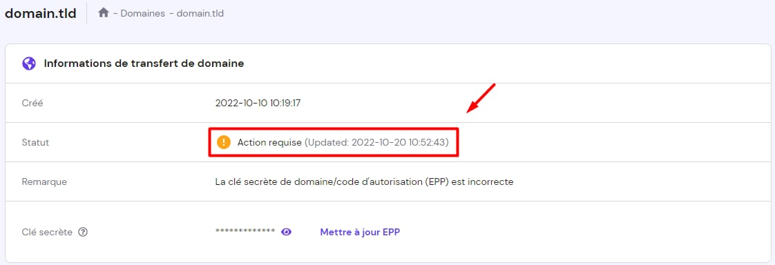 Voir le statut du transfert de domaine dans la section Noms de Domaine