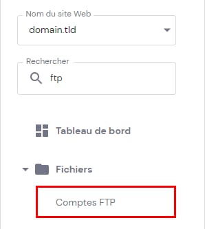 La barre latérale hPanel montrant pour sélectionner Comptes FTP