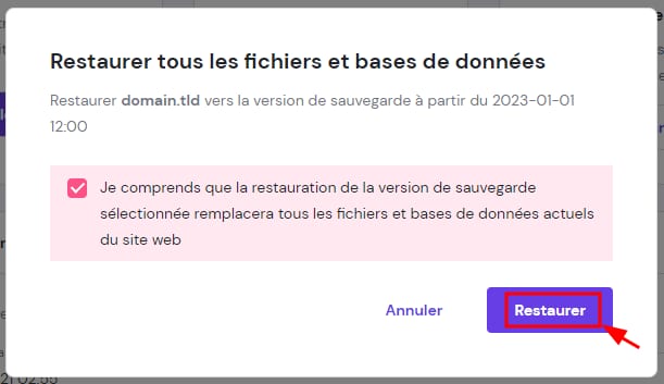 La fenêtre Restaurer tous les fichiers et bases de données avec un avertissement