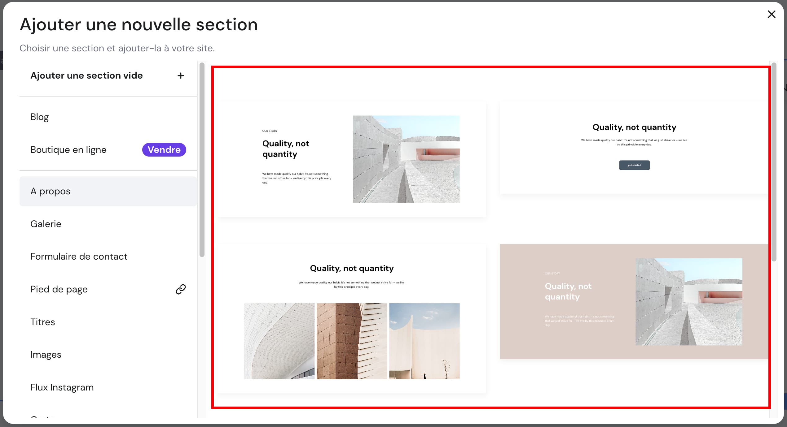 Options de gestion des sections dans créateur de sites Web de Hostinger