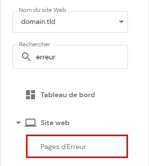 La barre latérale hPanel montrant pour sélectionner Pages d'Erreur