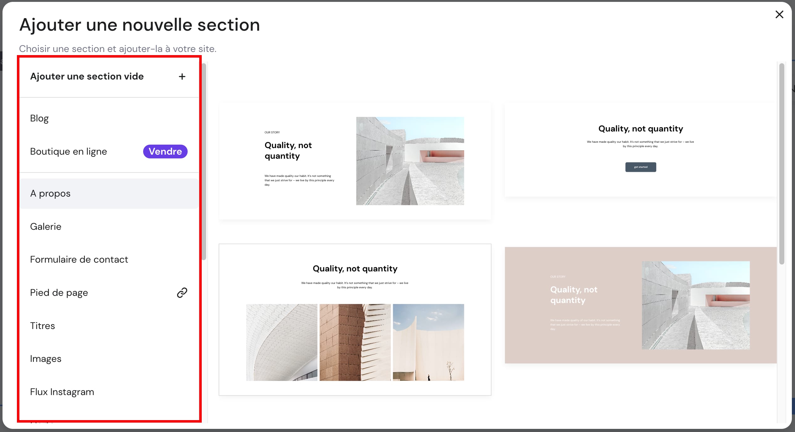 Types de sections dans créateur de sites Web de Hostinger