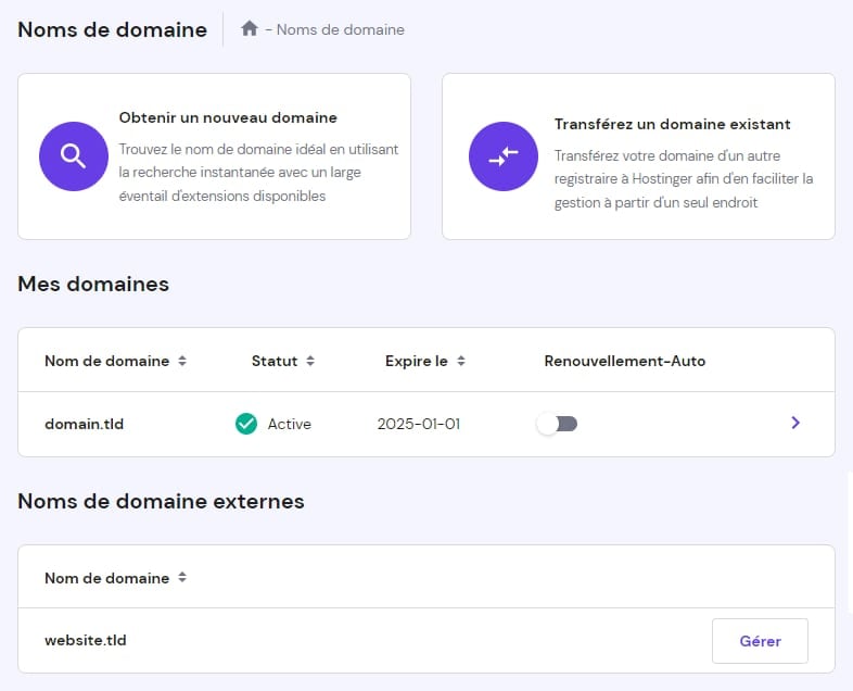 La vue dans hPanel → Domaines