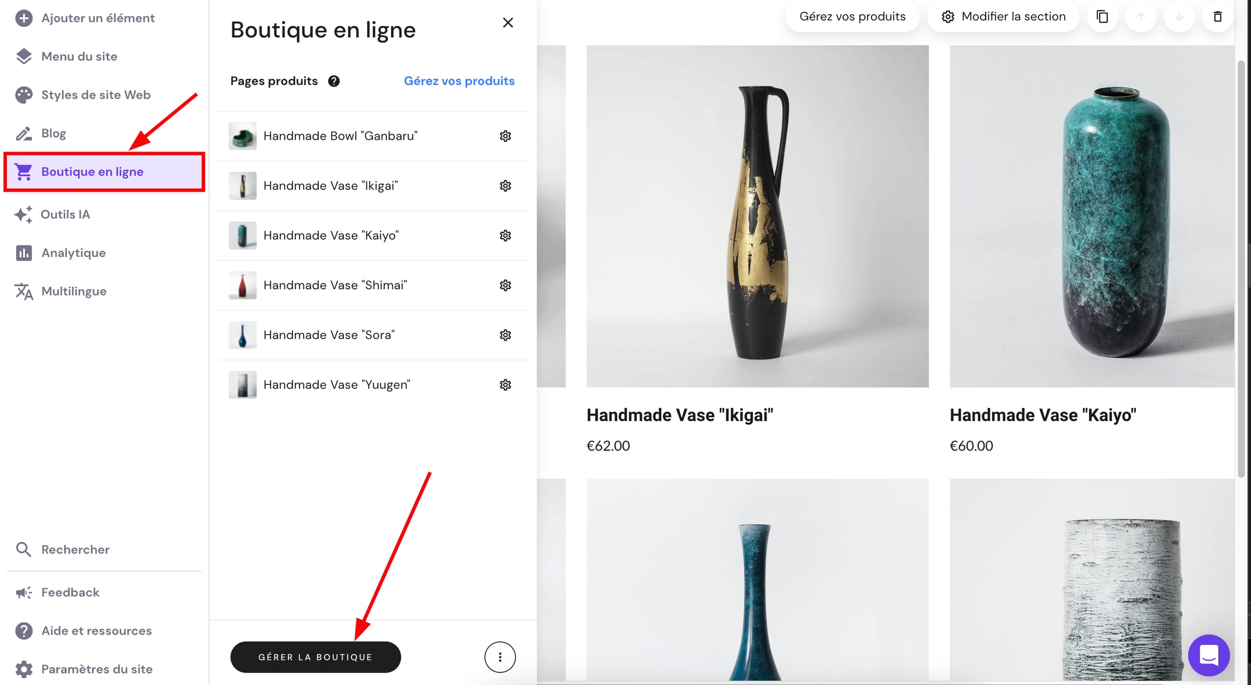 Le bouton Gérer la boutique permet d'accéder à la zone de gestion de la boutique.