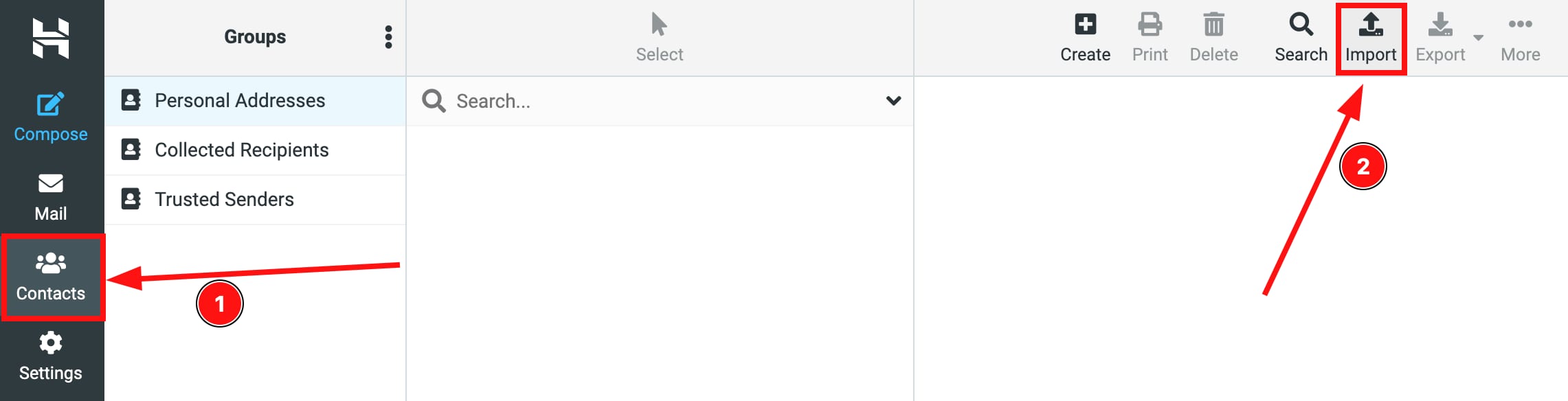 Paramètres des contacts dans Hostinger Email